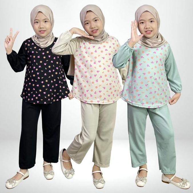 DV47 }} Setelan Celana One Set Anak Floren 858 Bahan Knit Japan Motif Bunga