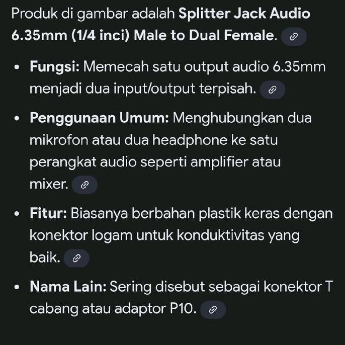 GLOSIR ( Y AKAI CABANG JACK MIC 6.5MM ) CABANG SPLITTER JACK AUDIO 6.5MM (1/4 INCI) MALE TO DUAL FEM