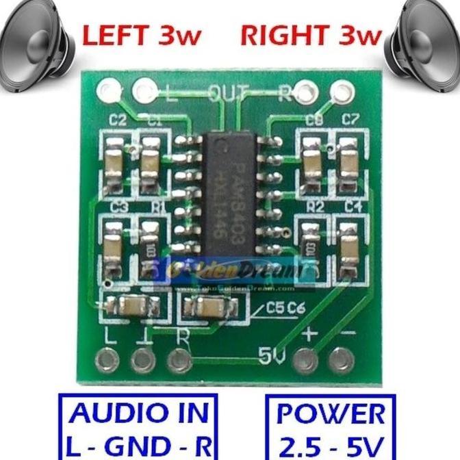 POWER MINI AMPLI AMPLIFIER SUARA MUSIK MUZIK BOK BOX 3W 3WATT 3 WATT W 2.5V 3V 5V STEREO BUAT KIT MO