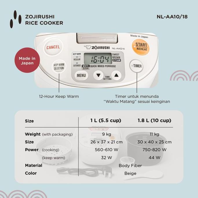 Kit- Zojirushi Rice Cooker Ikai 1.8 Liter Nl-Aaq18 Made In With Steamer