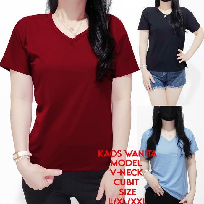 Girly- Kaos Wanita Vneck Celin Cenoa Lengan Pendek Bahan Polyester Lembut Adem Melar