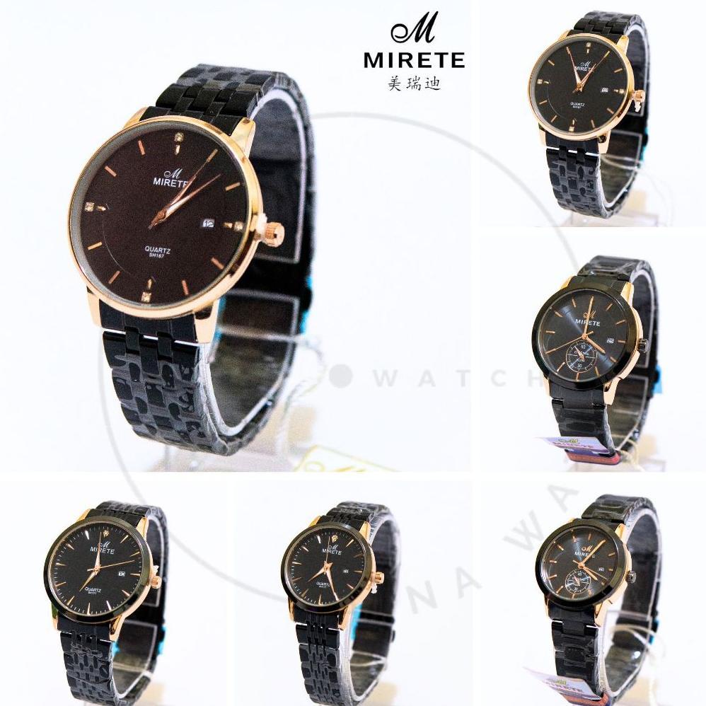Paling Laris Jam Tangan Mirete-Rt19 Rantai Hitam Gold Jam Tanggal Stainless Steel Couple Plat Hitam 
