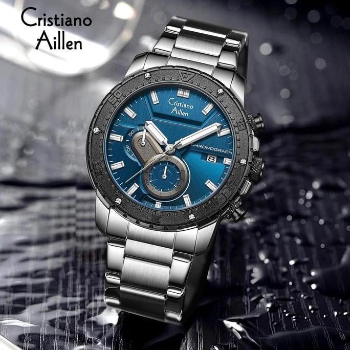 Bw- Cristiano Aillen Jam Tangan Pria Analog 8900 Rantai Stainless Steel Chronograph Kaca Sapphire Te