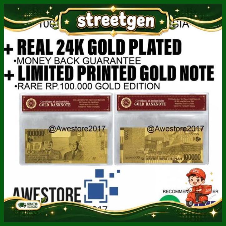 Uang Replika 100.000 Rupiah Lapis Emas 24K Seratus Ribu Gold Plated Terkini