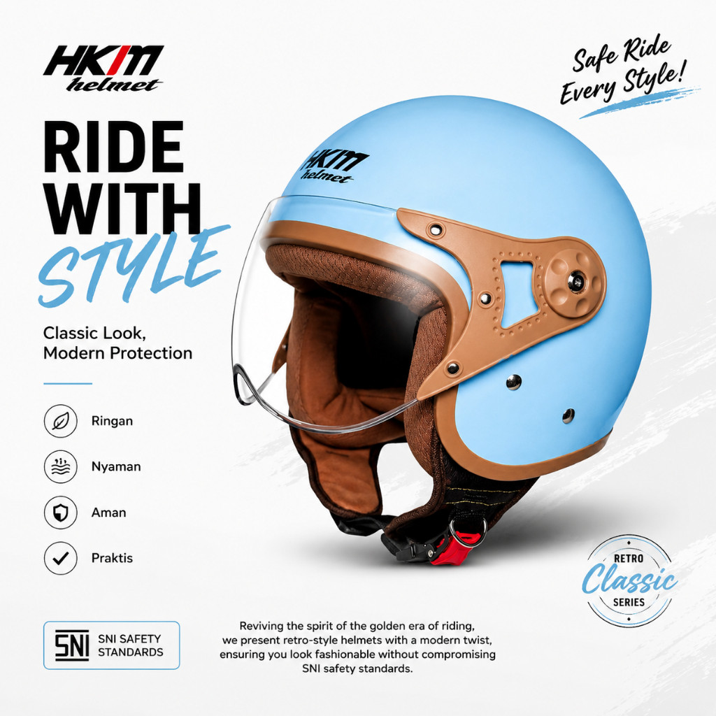 Helm Bogo Retro Pilot HKM Stylish | Retro Dewasa Kaca Pilot | Helm Motor SNI Stylish Wanita