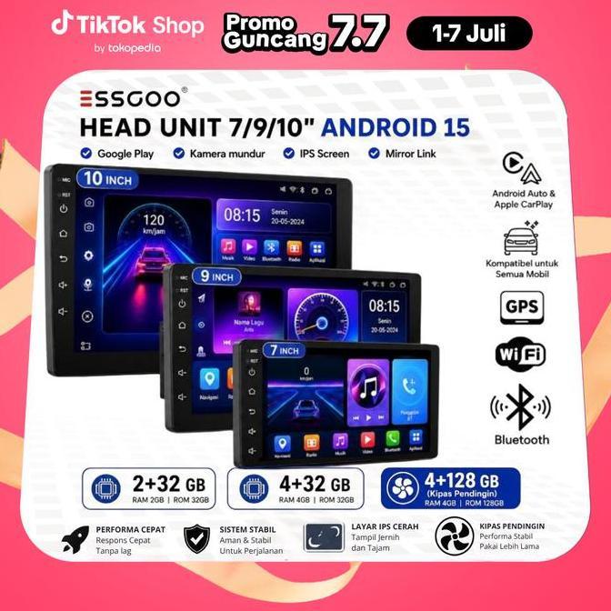 ESSGOO Head Unit Android 15 mobil 4G+64G  7/9/10 Inch 2 Din Kontrol Suhu Cerdas IPS Layer Mobil Navi