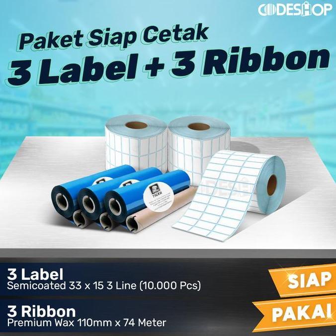 TERMURAH - (PAKET) RIBBON WAX ZEBRA ZD220 FREE LABEL 33X15 SEMICOAT