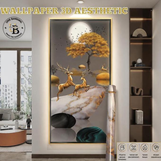 Parede - Wallpaper Dinding 3D Motif Rusa Emas & Pohon Golden Dekorasi Dinding Rumah Aesthetic Mewah 