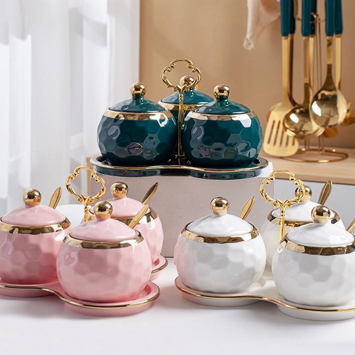 Ashome Tempat Bumbu Set Keramik Bulat List Gold Mewah / Set Seasoning Jar Elegan / Tempat Bumbu Dapu