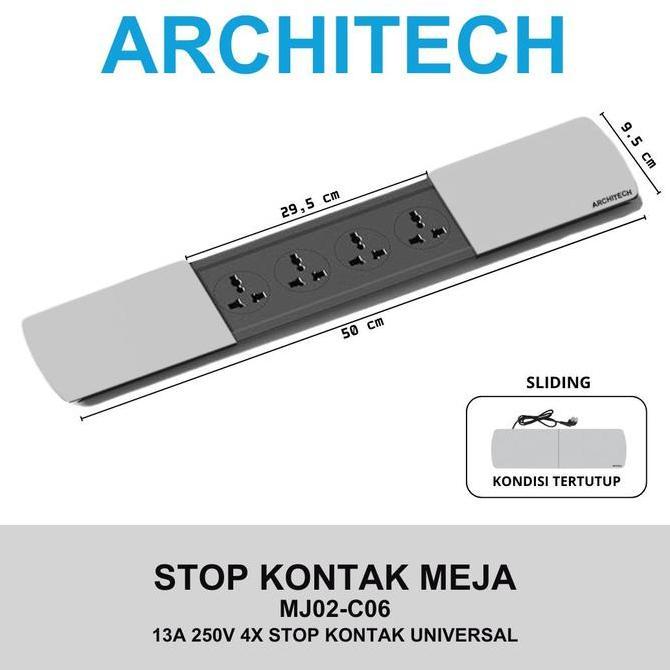 Ada ARCHITECH MJ02-C06 UNIVERSAL Stop Kontak Meja 4 STOPKONTAK Multi 3pin UNIVERSAL SILVER