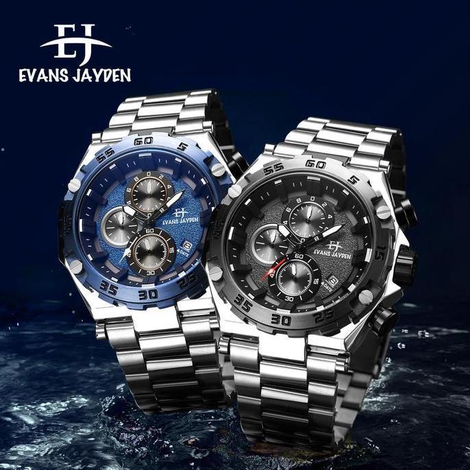 CUCI GUDANG Evans Jayden Jam Tangan Pria EJ 9840 Rantai Stainless Steel Chronograph Kaca Sapphire Wa