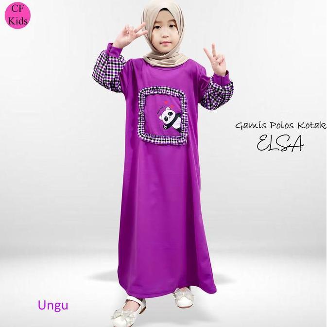 Www- Cf Kids Gamis Anak Polos Panda Ruffle Frame Elsa Dress Muslim Anak Lengan Kotak-Kotak
