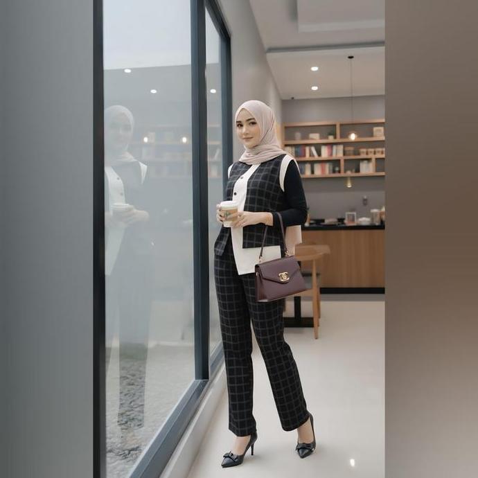 Promooo - Sh-Miyumi Rompi Kotak-Oneset Terbaru Baju Muslim Panjang Wanita Gamis Dewasa Atasan Celana