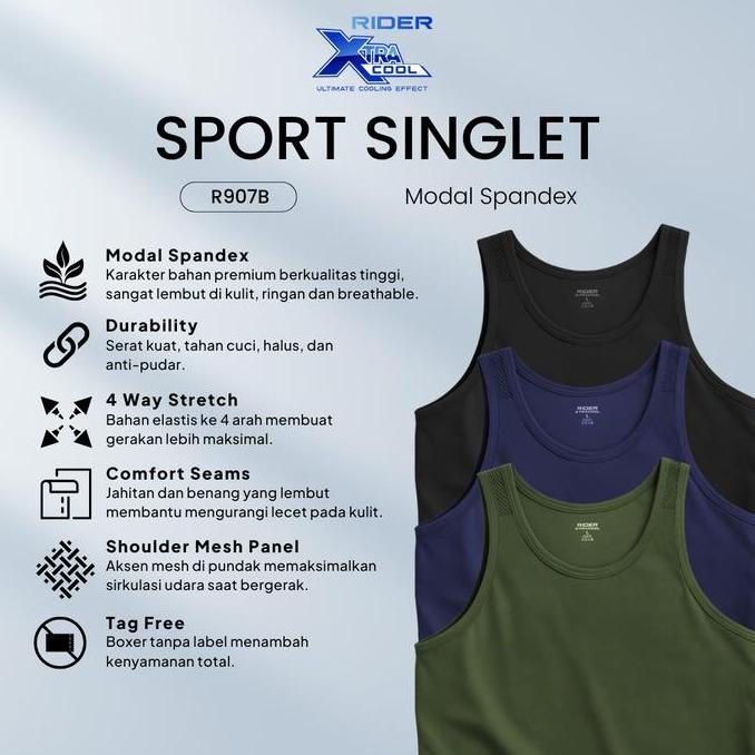 Cuecas - Rider Xtracool Singlet Modal Spandex - R907B Singlet Sport Isi 1 Pcs