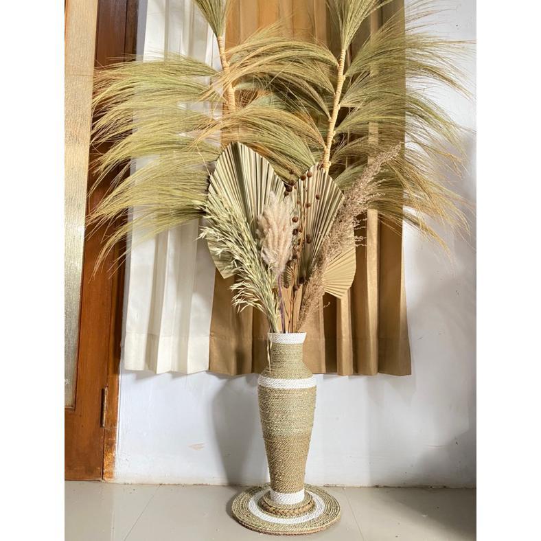 Paket Jumbo Bunga Kering dan Pot Guci Tinggi 50cm | Daun Palem Kering | Dekorasi Rustic | Dekorasi R