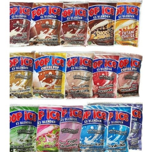 MINUMAN POP ICE 25 GRAM TERLENGKAP SACHET ES BLENDER ECERAN ALL VARIAN ANEKA RASA RENCENG ECER TARO 