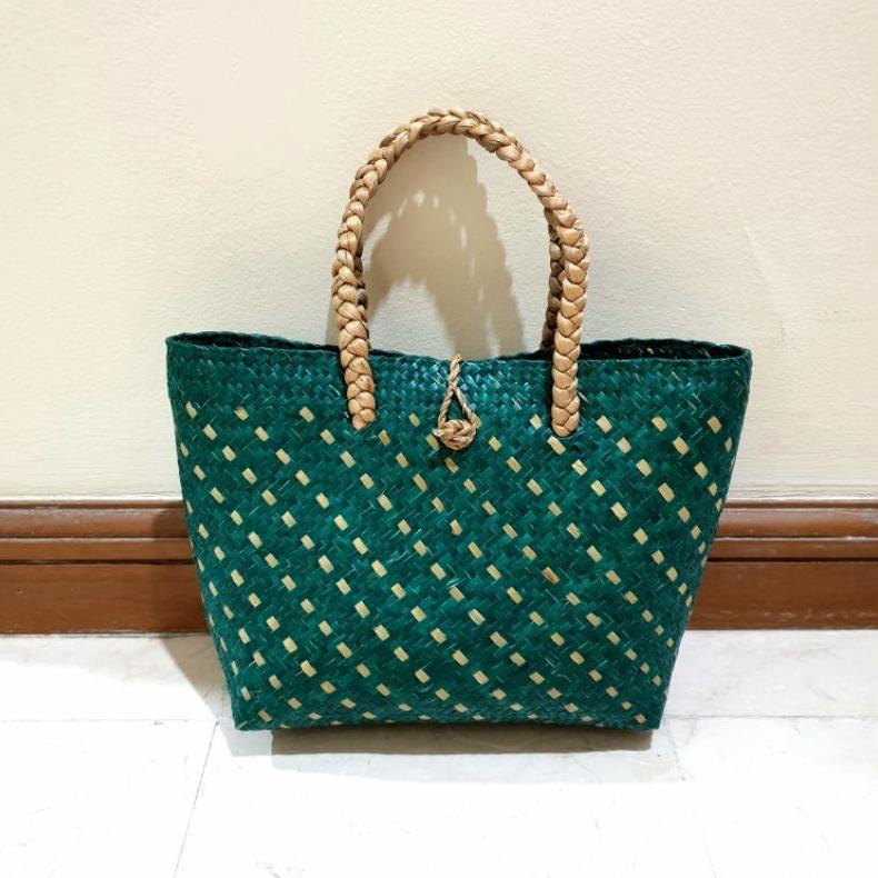 Tas Purun Midi Hijau - Tas Anyaman Purun, Tas Hampers Parcel Souvenir Goodie Bag Hijau Lebaran Termu
