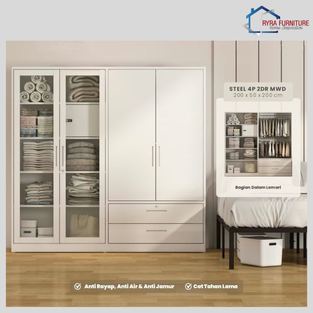PIRA - STEEL 4P 2DR MWD - LEMARI PAKAIAN BESI 4 PINTU / LEMARI BAJU / LEMARI BESI JUMBO DENGAN 2 LAC