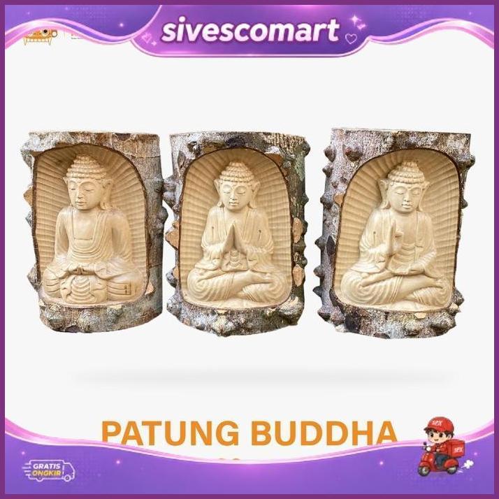 Patung Buddha Kayu Dengan Batang Pohon 20 Cm - Patung Buda Kayu - Patung Budha Kayu - Pajangan Budha
