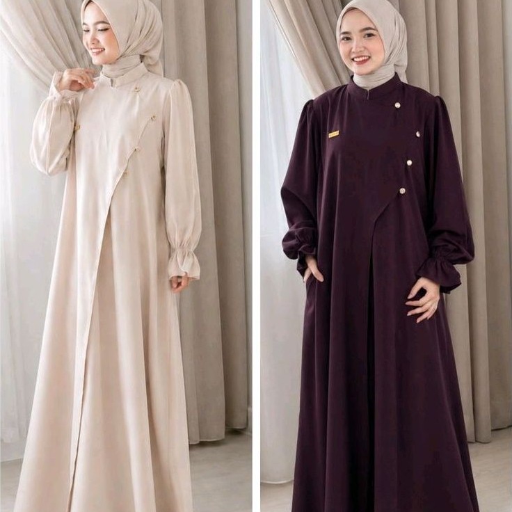 Soraya dress/ dress polos aksen kancing samping cantik/ gamis polos anti UV warna hitam putih burgun