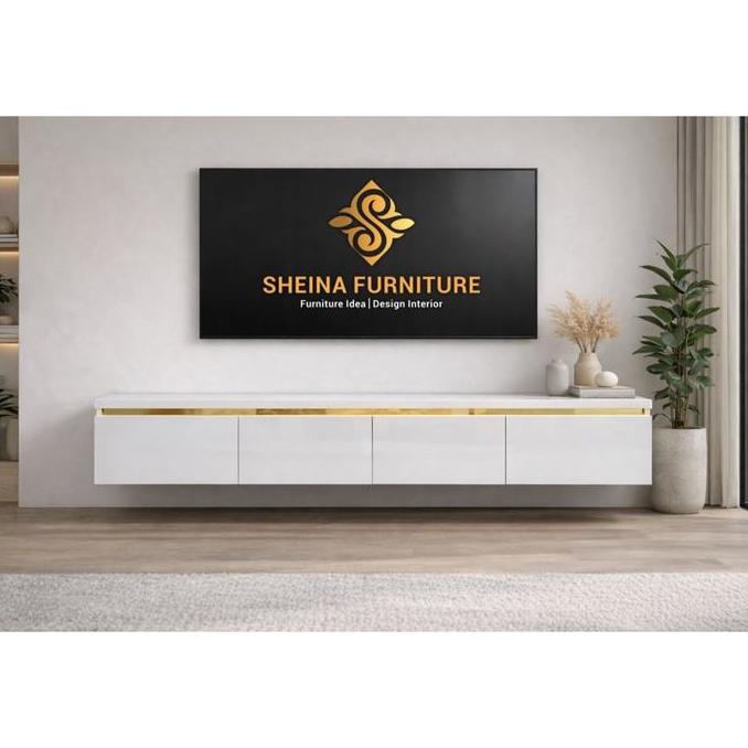 ( A33 - T 25 ) Meja Tv / Gantung Minimalis Premium Full Hpl Glossy List Gold, Rill Double Track ( Pr