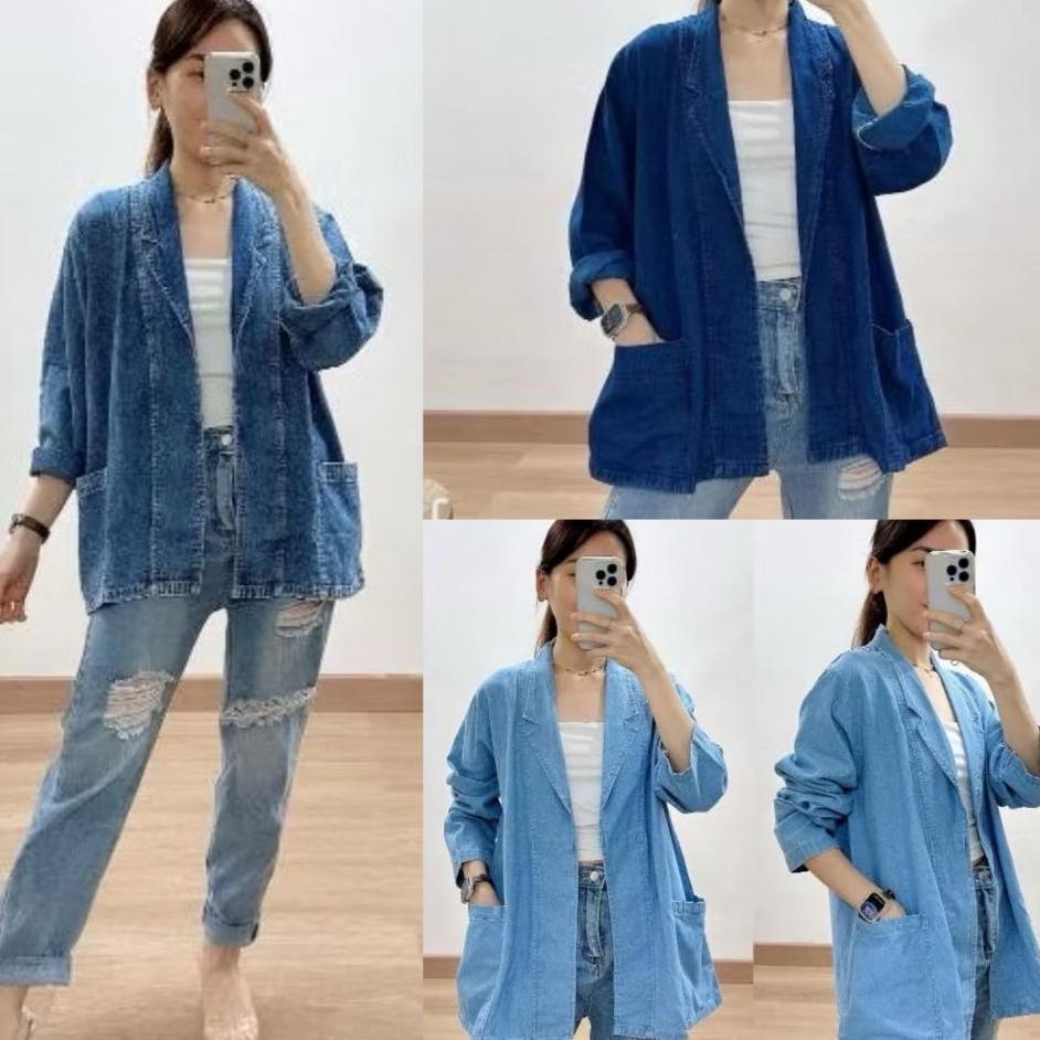 Mbo Blazer Wanita Lengan Panjang Bahan Denim Jeans Premium Outer Kantor Ootd Atasan Luaran Wanita