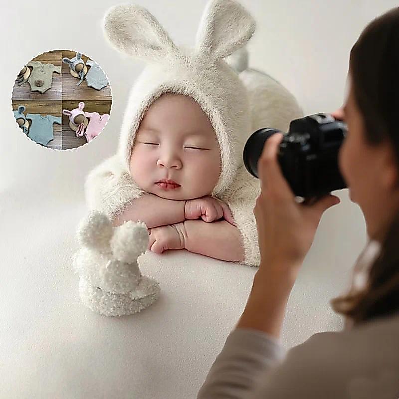 Newborn Photography Props Knitted Outfit Rabbit Doll Baby Cosplay Glasses Baby Photoshoot Props Acce