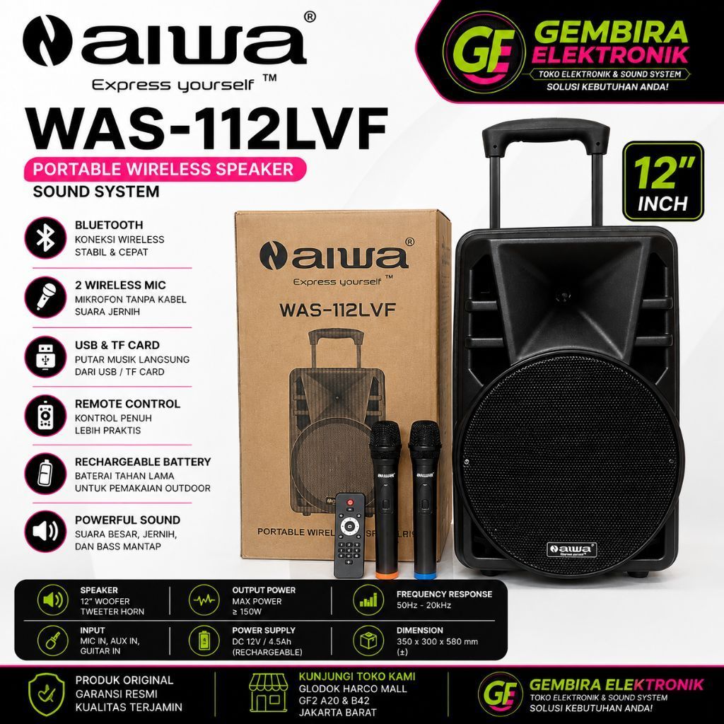 Speaker Portable 12 Inch Aiwa WAS-112LVF Bluetooth Wireless Karaoke 2 Mic Wireless Rechargeable Trol