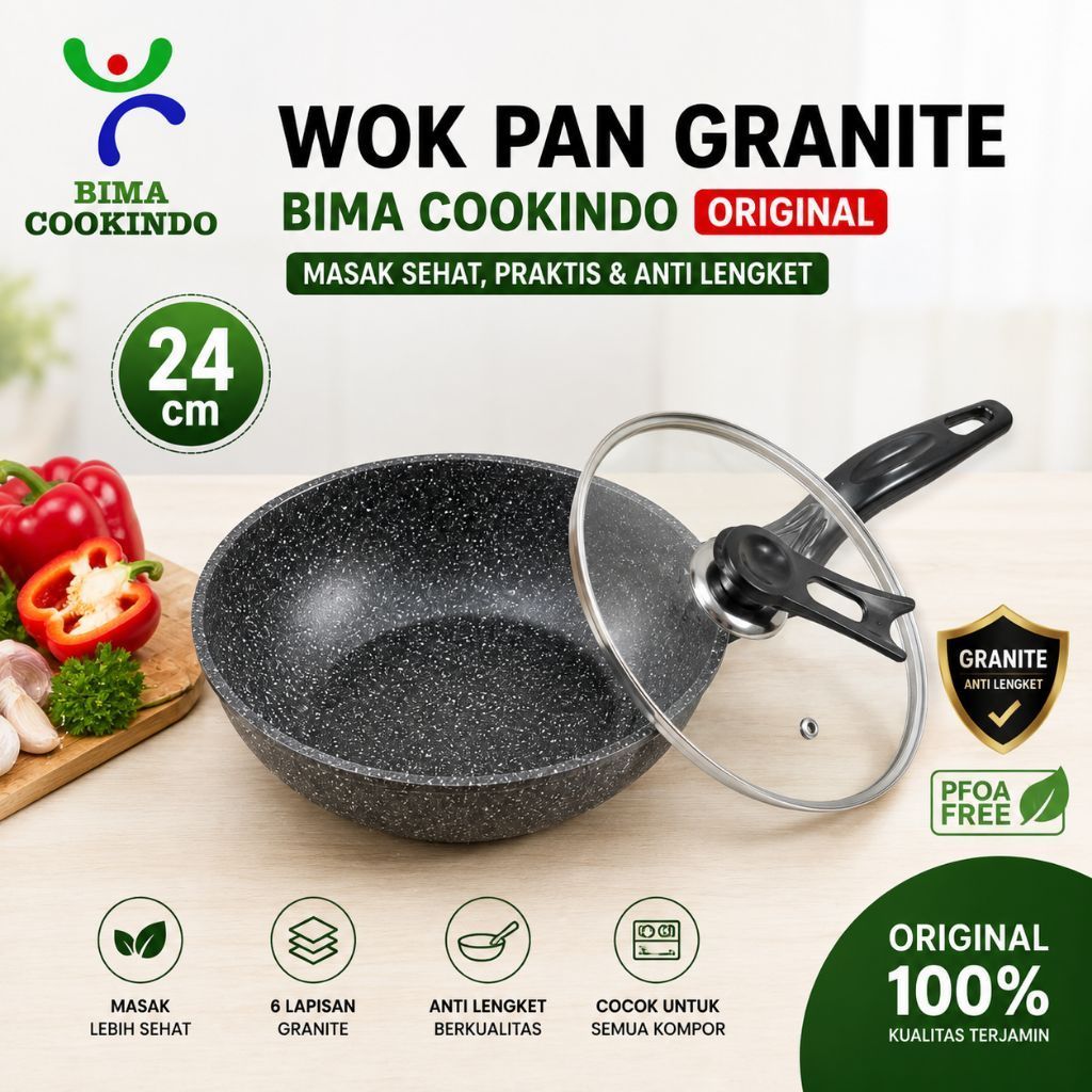 Wajan Anti Lengket Granite 24 cm BIMA COOKINDO Original Tutup Kaca | Wok Pan Non Stick premium8