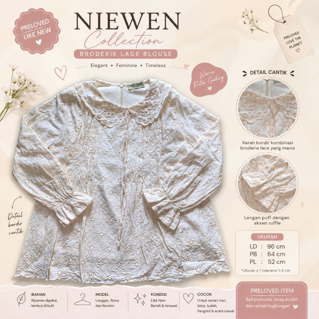 [Pre-loved] NIEWEN Collection Broderie Lace Blouse Wanita Warna Putih Gading Longgar Feminine