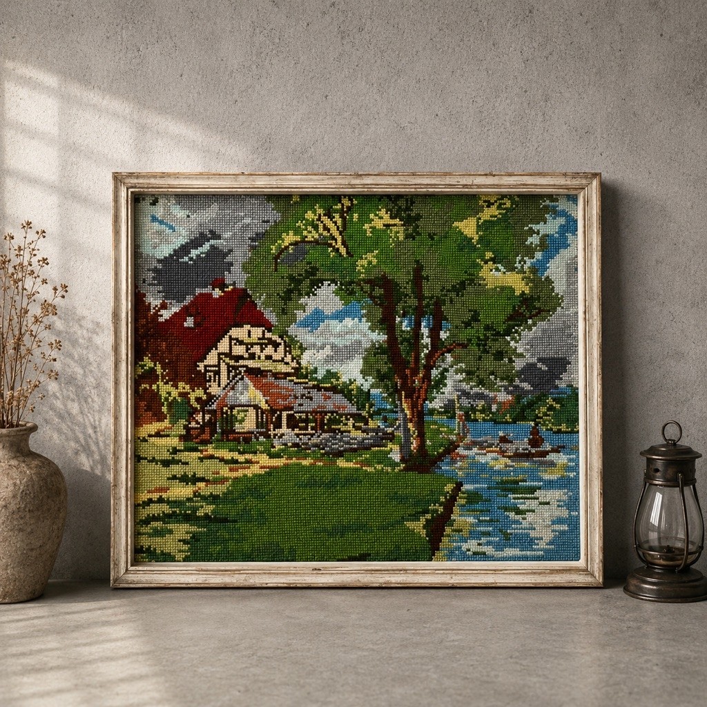 Kristik Pemandangan Pedesaan (Countryside Landscape) Vintage Era 1970–1980an Bingkai Kayu Hiasan Din