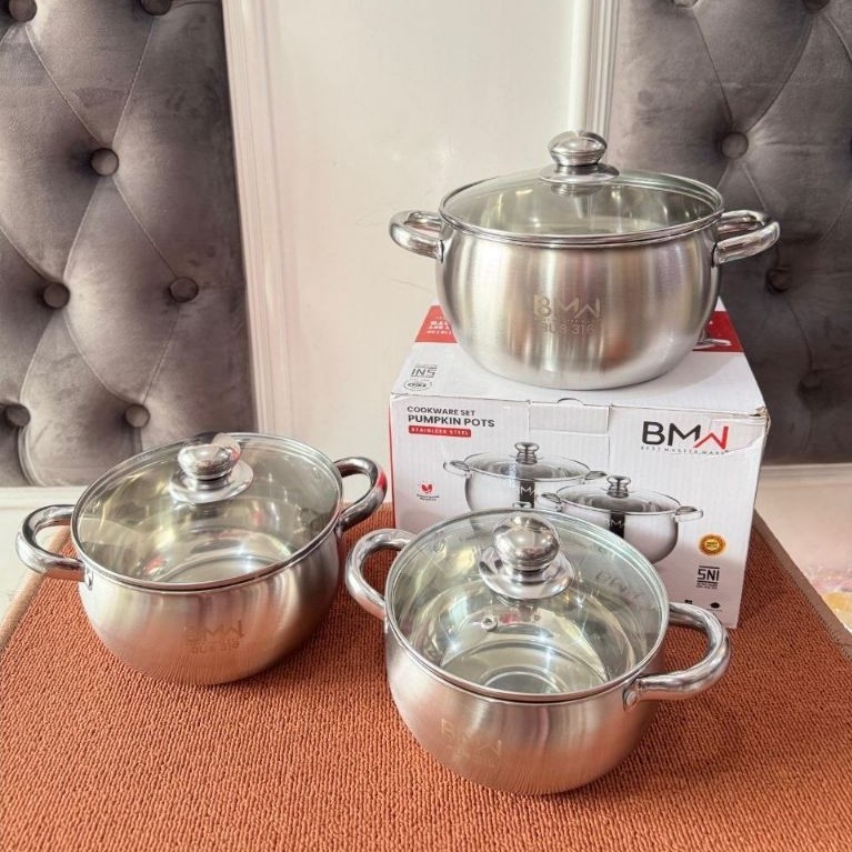 PANCI LABU STAINLESS KECIL SET PANCI SUP PANCI PUMPKIN 3 PCS STAINLESS BMW