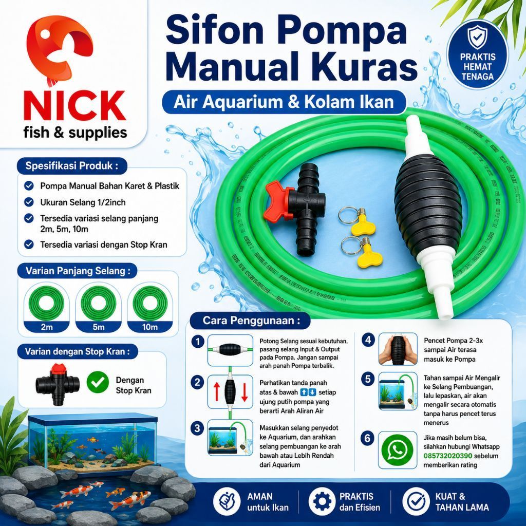 Pompa Kuras Air Sifon Kotoran Aquarium Kolam Ikan Hias selang 1/2 inch Manual Murah Mudah Awet membe