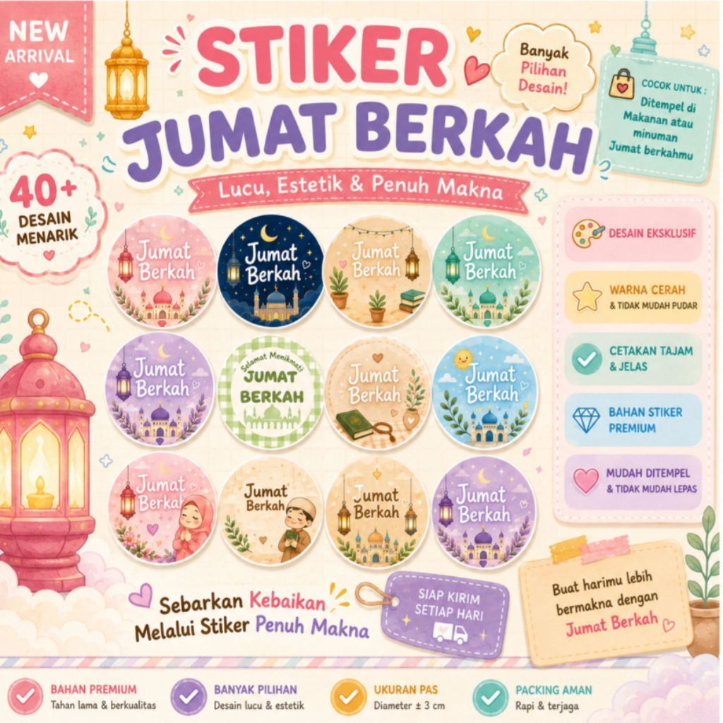 40+ Desain Stiker Jumat Berkah 3.5 cm | Cute Pastel | Premium