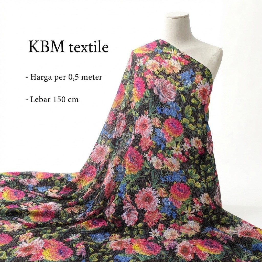 Kain Spandex Kaos Motif Bunga Rimbun / Bahan Kaos, Dress, & Outer Meteran tre