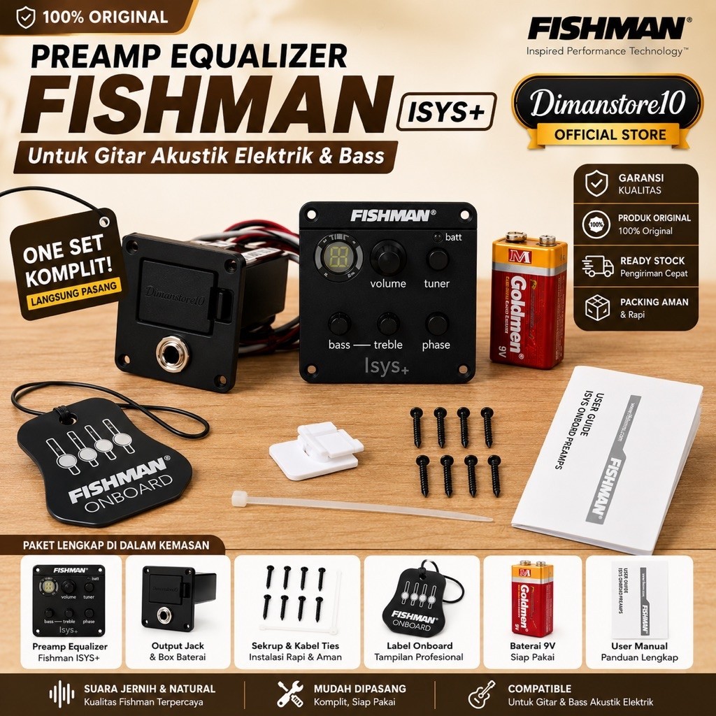 Equalizer Fishman ISYS+ Original Preamp Pick Up Gitar Akustik Elektrik Bass Komplit Tuner 9V