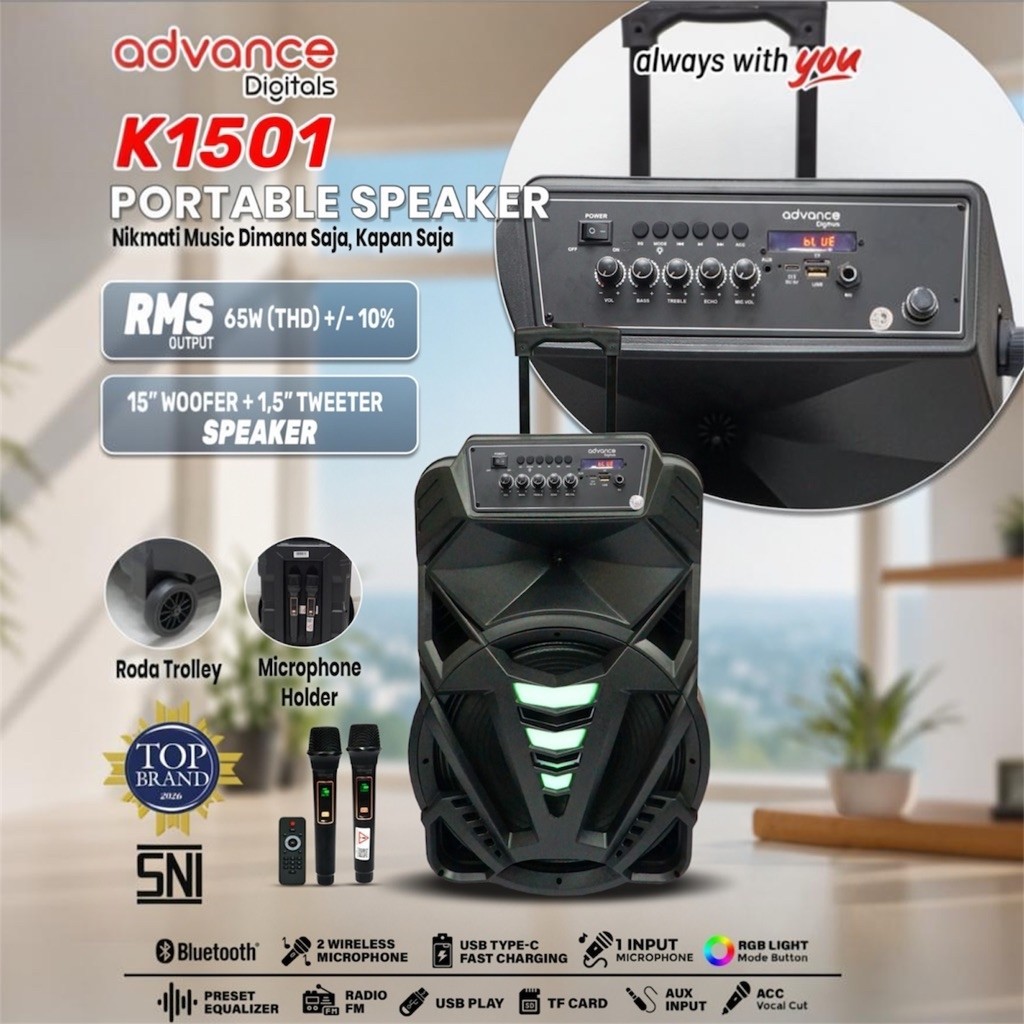 Advance Speaker 15inch Portable Bluetooth New K1501 Free 2 Mic Wirelles