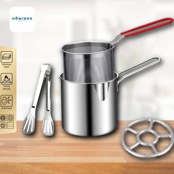 (BISA COD) HOMINDO 4 in 1 Multi Deep Fryer Panci Penggorengan Rebus Stainless Steel Saringan Capitan