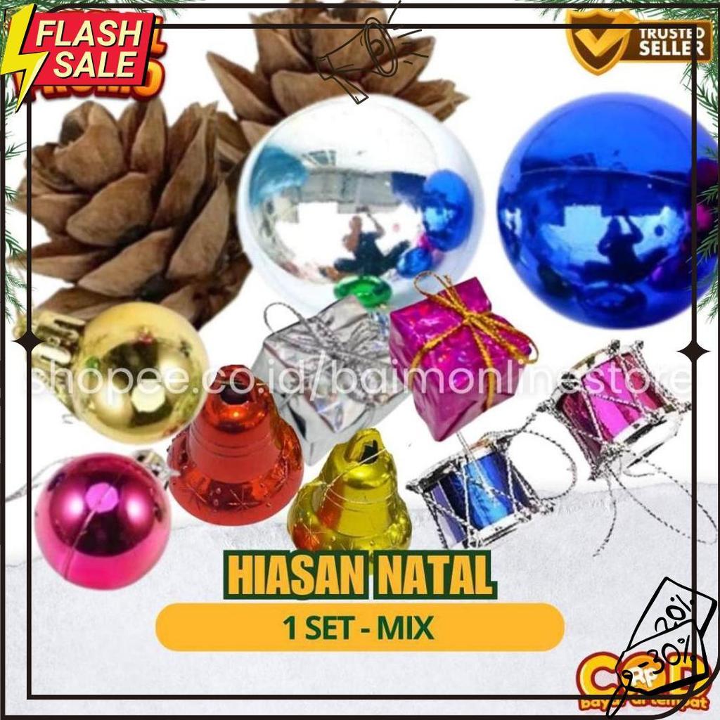 Set Aksesoris Pohon Natal Mini | Bola, Drum, Lonceng, Kotak Kado & Biji Pinus 6.6