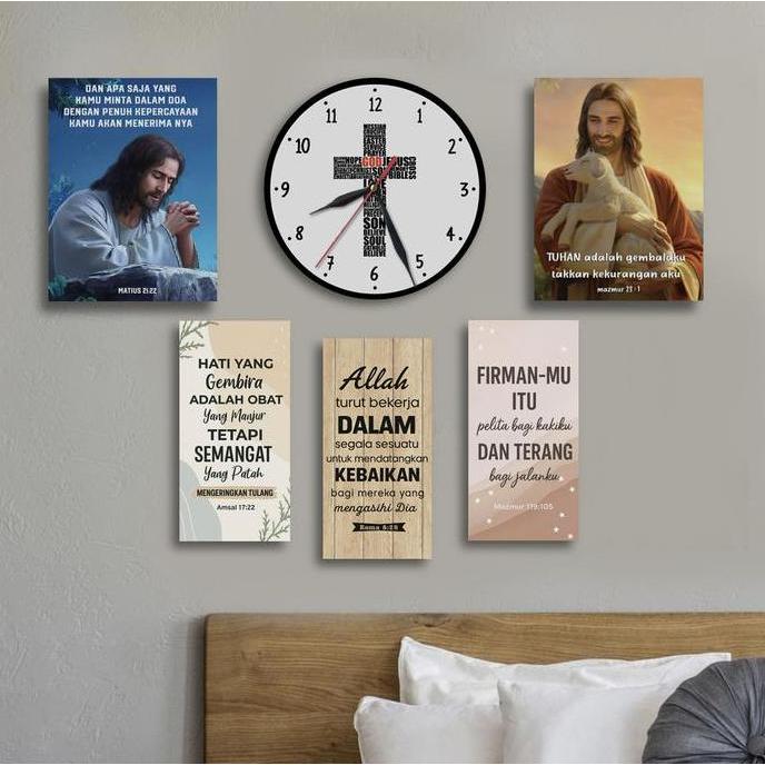 Hiasan dinding kayu + 5 pcs Hiasan dinding Yesus Kristen ayat alkitab