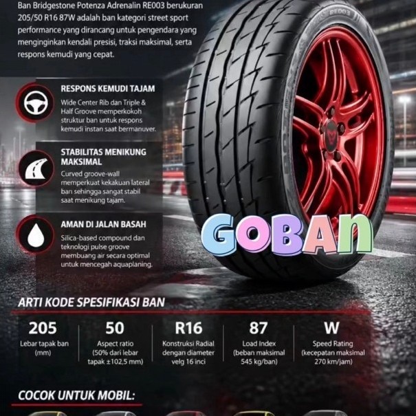 Ban mobil 205/50 r16 Bridgestone Potenza Adrenalin RE003 ukuran 205 50 16 size 205/50r16