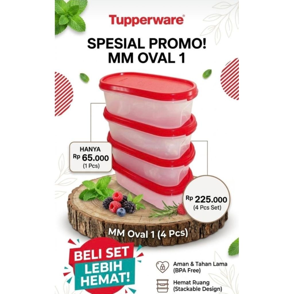 Tupperware MM Oval 1 – Wadah Penyimpanan Serbaguna, Hemat Ruang, BPA Free