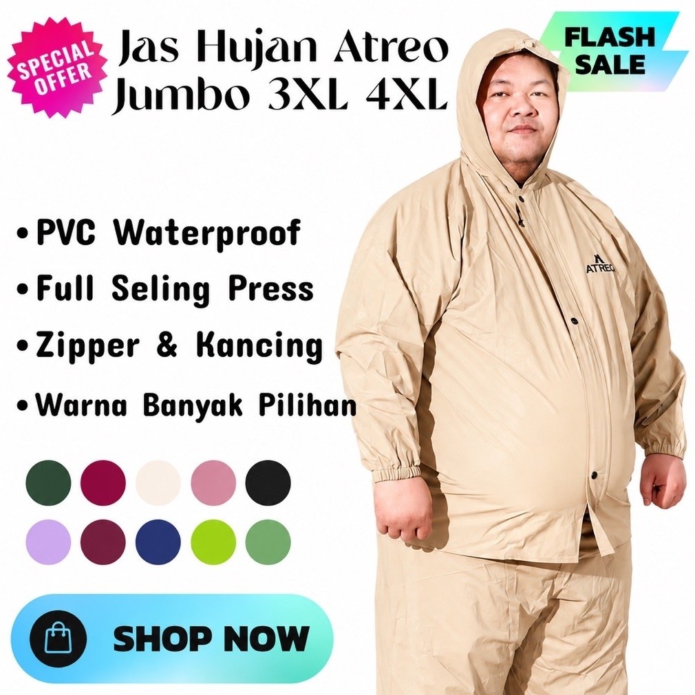 Jas Hujan Atreo Super Jumbo 3XL 4XL 5XL Setelan Pria Wanita Kuat Tebal Tidak Rembes