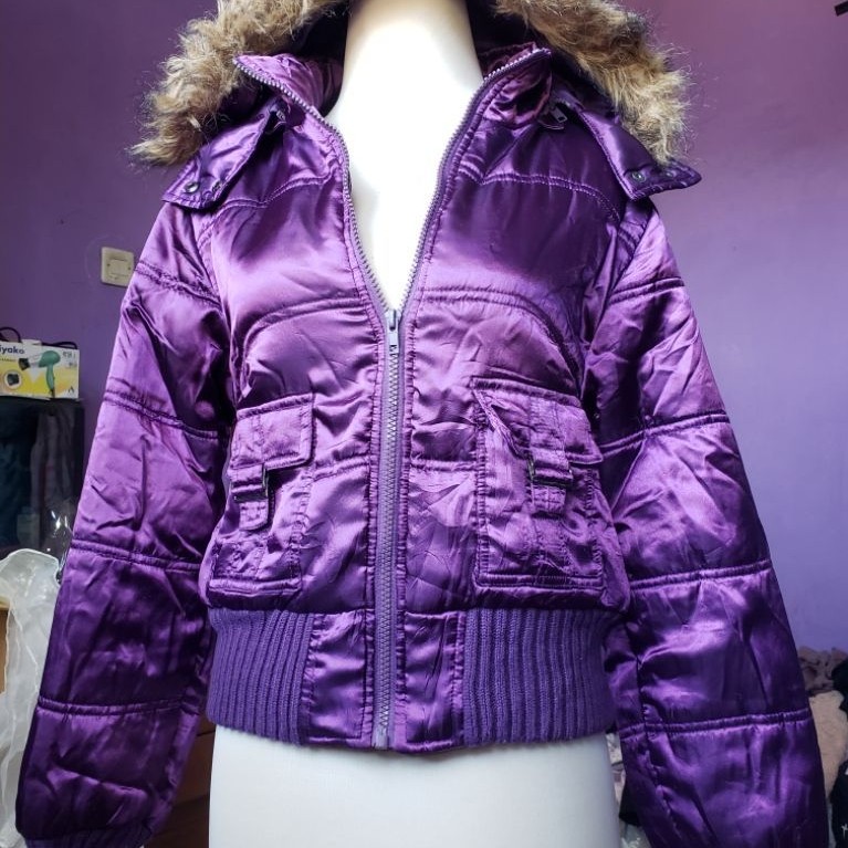 Jacket Puffer Jaket Bulu Fur Jacket Crop Bomber Y2k Grunge Gal Jacket Deep Purple Jaket Gyaru Style 