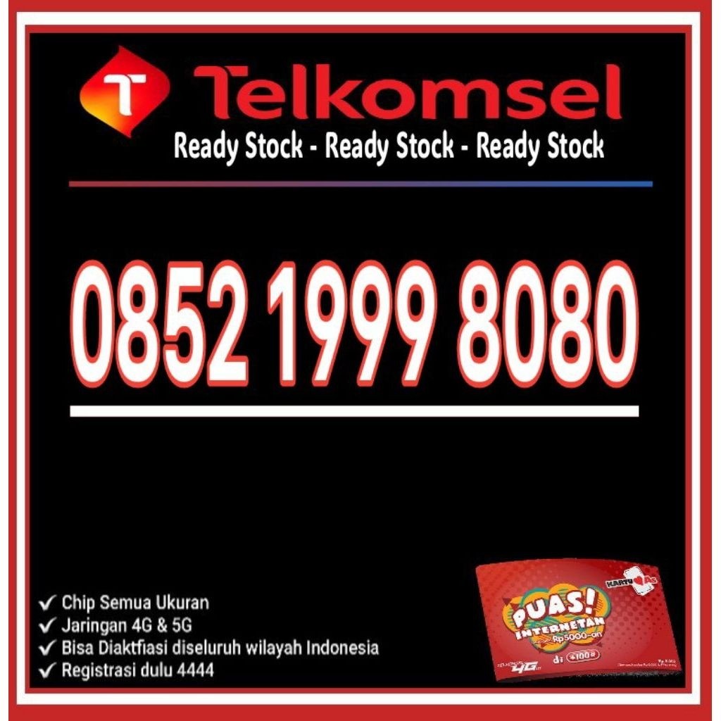 Nomor Cantik Telkomsel AS 4G LTE 8080 - O852 1999 8080