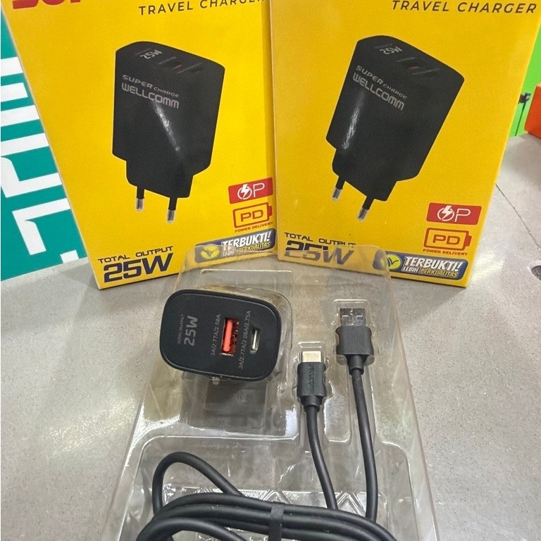 Charger Wellcomm 25W USB-A + USB-C dengan kabel USB to Type-C Original