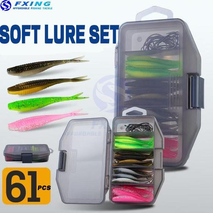 61pcs/set umpan pancing lure casting softlure kail worm umpan casting set box- FX584