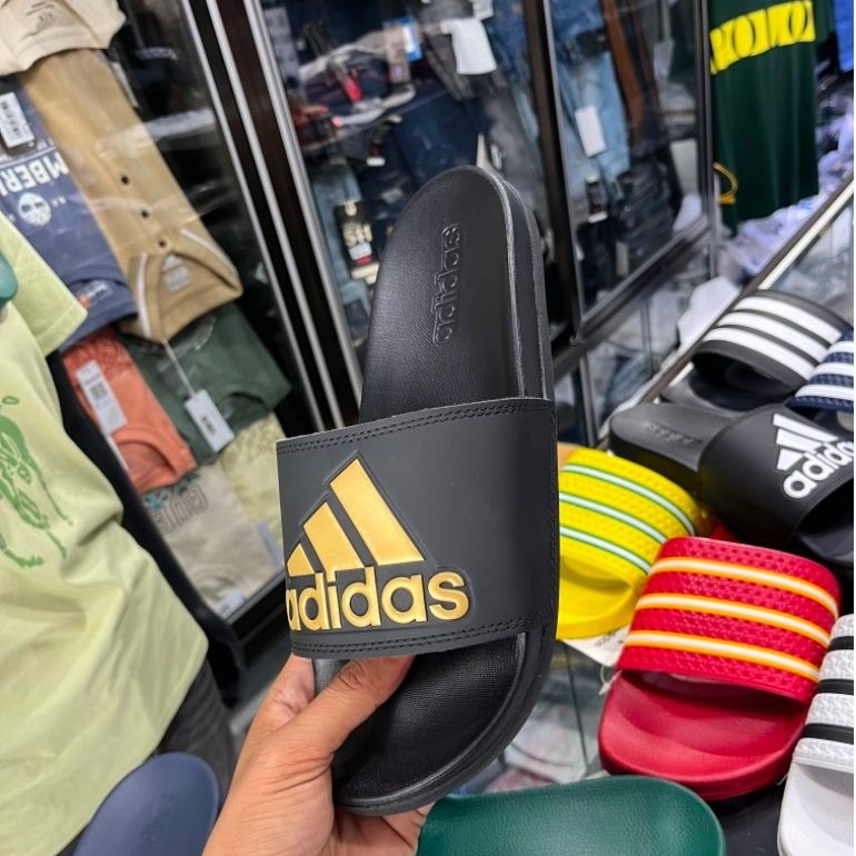 Sandal Slipper adidas hitam strap lebar logo emas unisex casual