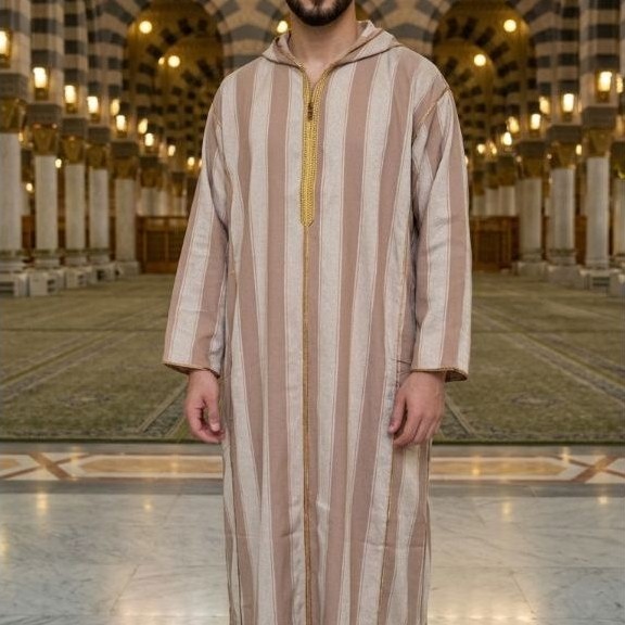 Gamis Hoodie Maroko ORI Salur Coklat Muda Keemasan