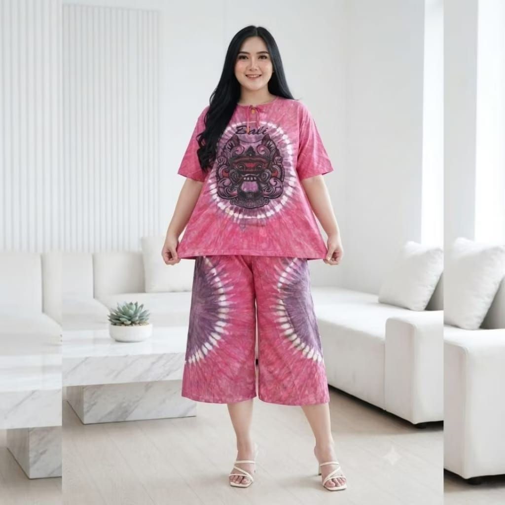 Setelan Wanita Jumbo Motif Barong Bali Lengan Pendek Bahan Kaos Atasan Dada Tali Depan Celana Pendek